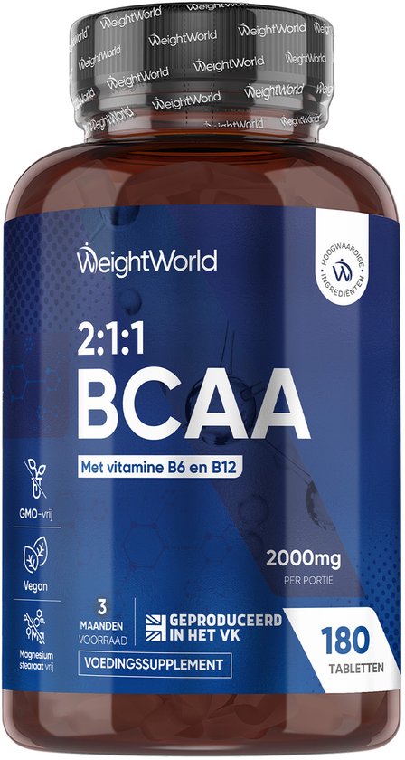 Fles WeightWorld BCAA 2:1:1 met 180 vegan tabletten, GMO-vrij en geproduceerd in het VK.