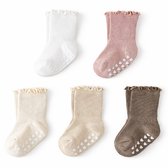 Vavida Anti Slip Sokken 1-3 Jaar - 5 Paar Peuter Sokken met Hartjes Grip - Antislip Sokken Baby - Beige - Roze - Wit