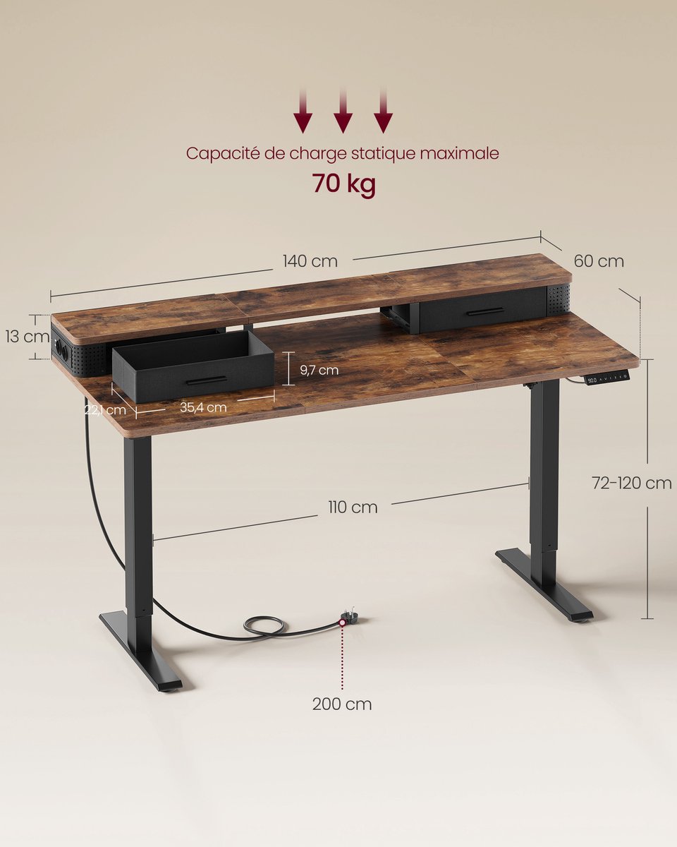 VASAGLE - Zit Sta Bureau - 140 x 60 cm thumbnail 2