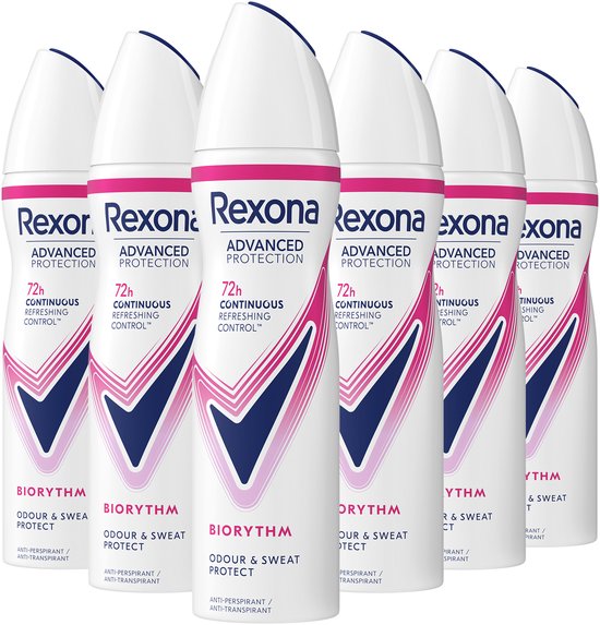Zes Rexona Advanced Protection Biorythm deodorantbussen met witte en roze patronen.