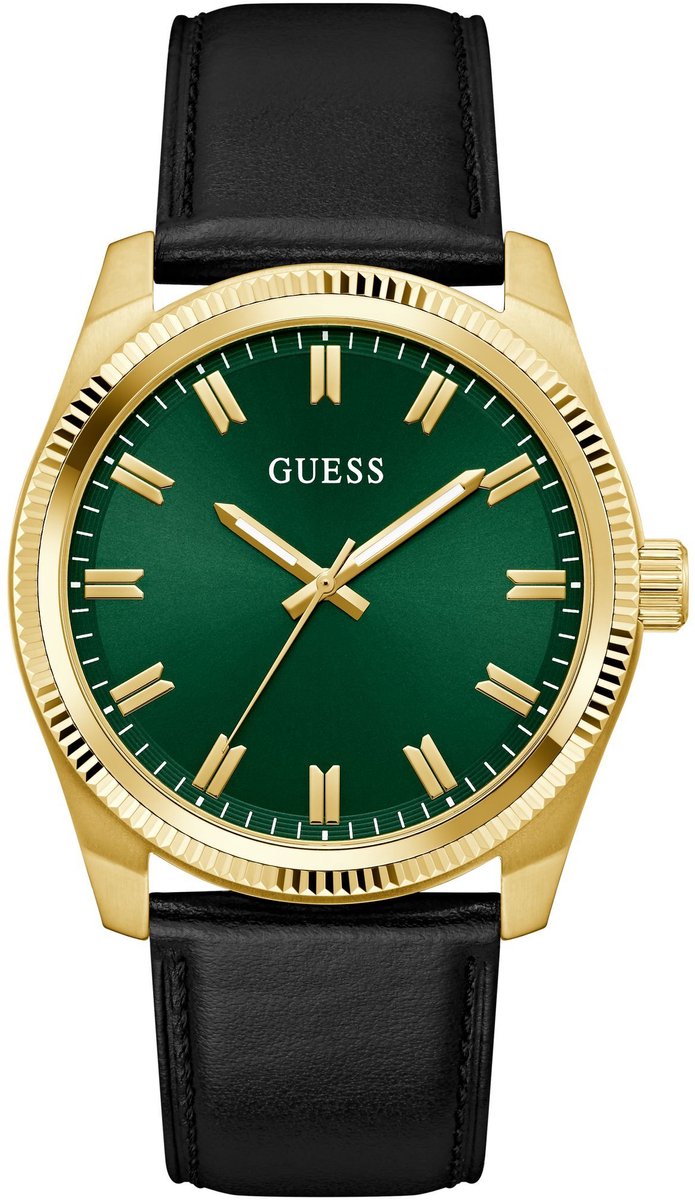 Guess Huck Quartz Analoog Horloge Zwart En Groen Behuizing: 100% Roestvrij Staal| Armband: Echt Leer 44 mm U1486G2M
