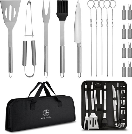 Recalma BBQ Accesoires Set - 18-delig - Barbecue Gereedschapset - Barbecue Accessoires Incl. Barbecue Tang - Roestvrijstaal Kamado Gereedschap
