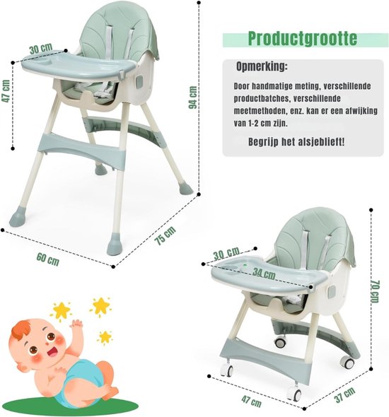 Nexvo® Kinder Eetstoel - 3-in-1 Babystoel Voor Aan Tafel Met Dienblad - Baby Stoel Voor Eten Met Wieltjes - Meegroei Kinderstoel - Groen - 94cm x 75cm x 60cm van nexvo — afbeelding 3