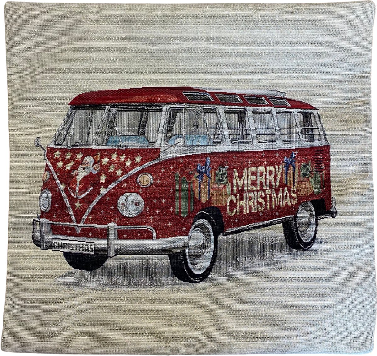 Signare Kussenhoes – Kerst – Gobelinstof – Christmas Van – Bus – Campervan – 45 x 45 cm creme