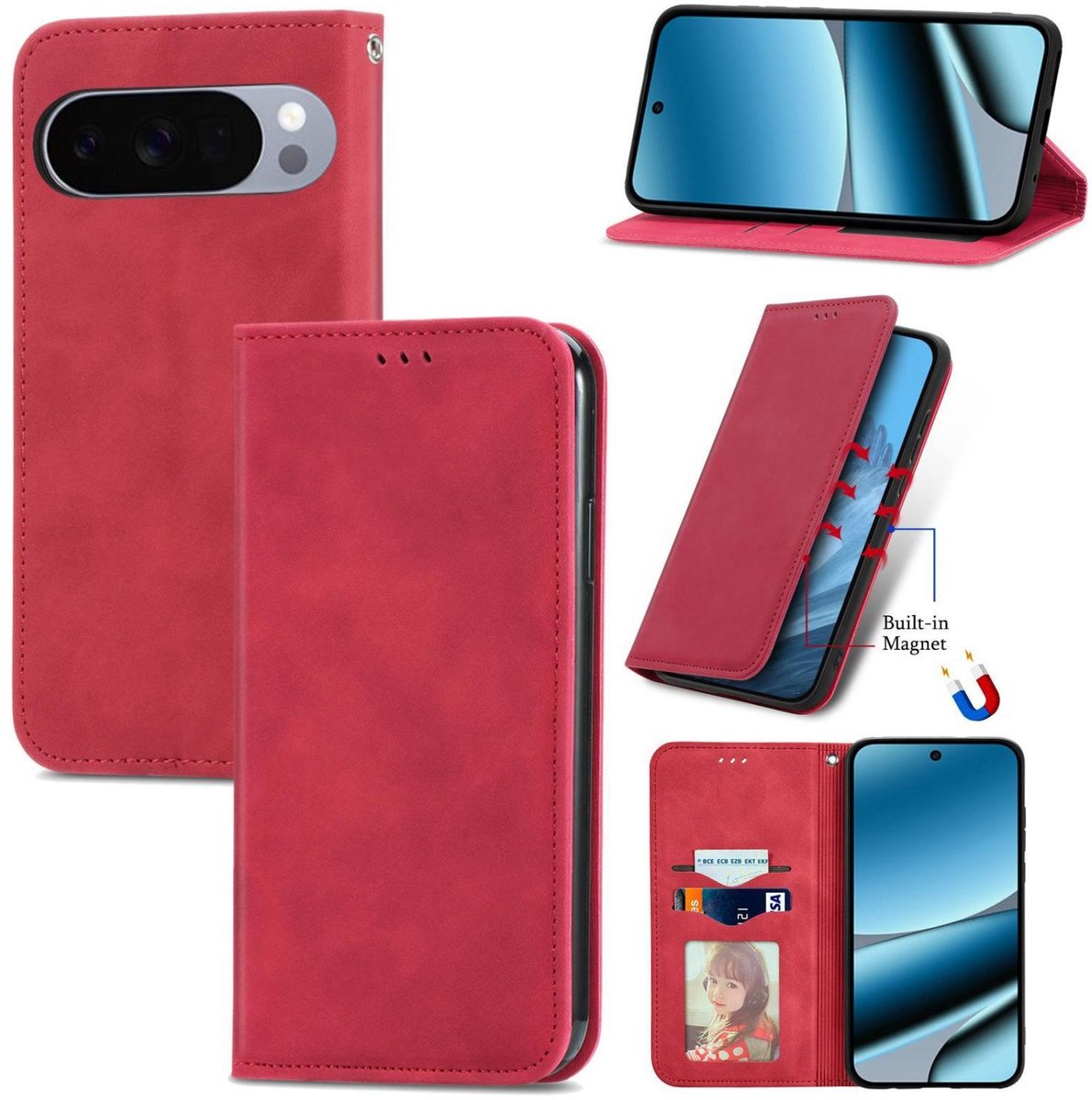 Mobigear Telefoonhoesje geschikt voor Google Pixel 10 Pro XL Hoesje | Mobigear Retro Slim Bookcase Portemonnee | Pasjeshouder voor 2 Pasjes | Telefoonhoesje voor Pinpas / OV Kaart / Rijbewijs - Rood
