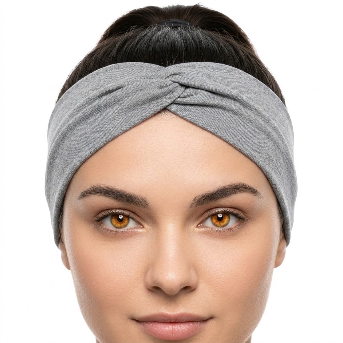 Lichtgrijze elastische haarband met twistknoop voor dames – brede rekbare hoofdband – modieus en comfortabel haaraccessoire