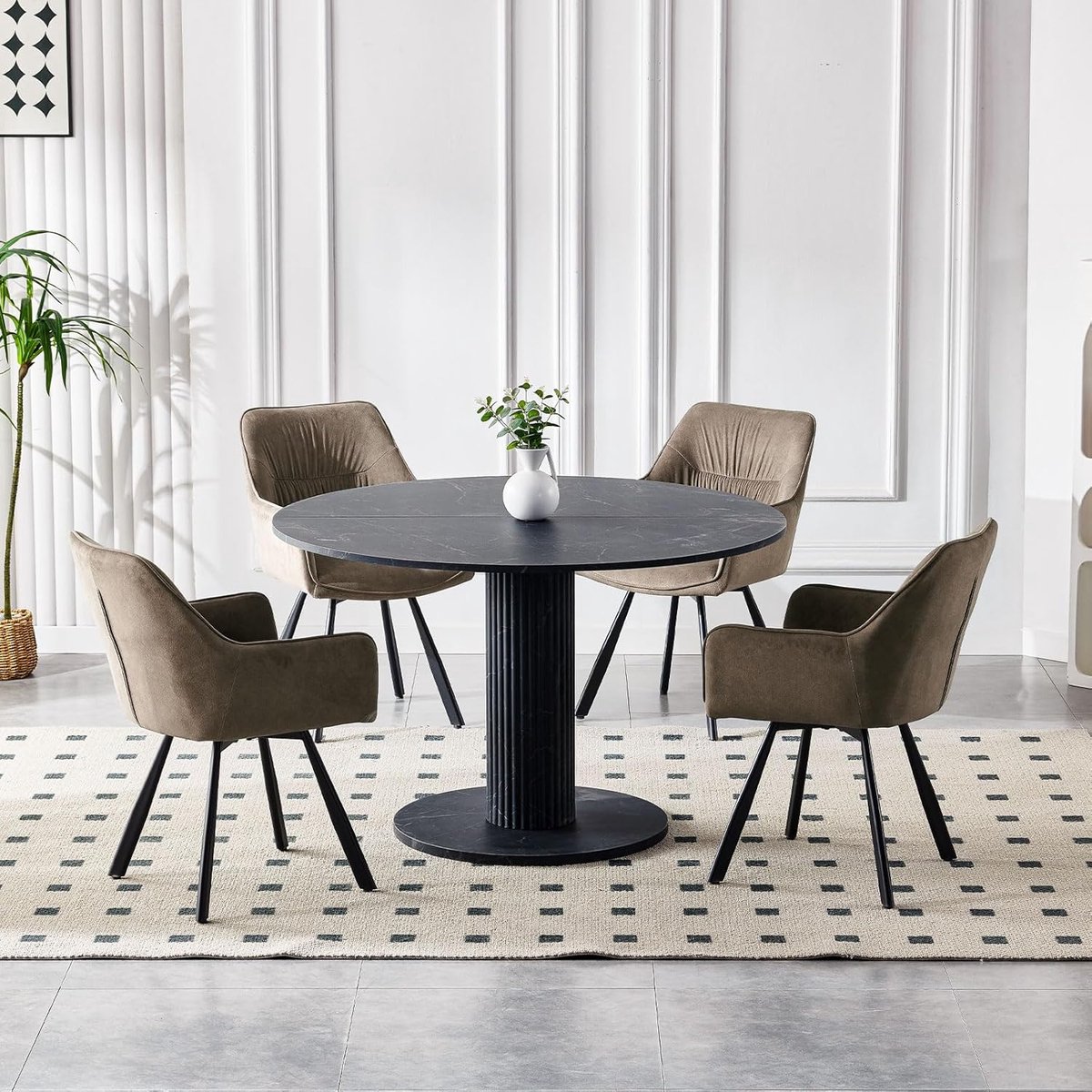 Draaibare Eetkamerstoelen Set van 6 – 45x43x81 cm – 360° Draaibaar – Ergonomische Gestoffeerde Stoelen met Armleuningen – Luxe Laagpolige Stoffen Bekleding – Metalen Poten – Comfortabele Keukenstoel / Woonkamerstoel – Bruin – Abkantoor