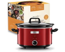 Nexvo® Slowcooker met Timer - Crockpot - Stoompot - RVS - Inclusief Warmhoudfunctie - Rood - 30cm x 22cm x 30cm