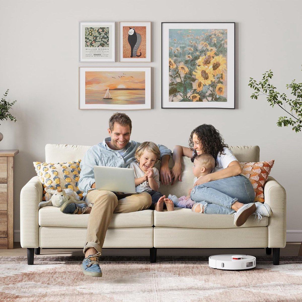 3-zits Bank 201 cm Beige met Verstelbare Zitdiepte – Compacte Loveseat 88x200x86 cm, Luxe Corduroy Stof, Moderne Sofa voor Woonkamer & Slaapkamer – Aurora Comfort – Pauwhome