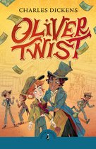 Boekcover van "Oliver Twist" door Charles Dickens. Illustratie met jongen en volwassene met hoed. Tekst: "CHARLES DICKENS OLIVER TWIST PUFFIN CLASSICS".