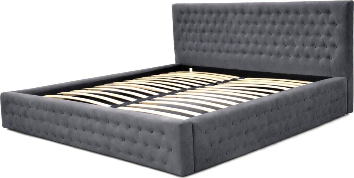 AJE Meubles B.V. Gestoffeerd Bed Chesterfield 11 met Opbergruimte en Gecapitonneerd Hoofdbord - 140x200 cm - Grafiet (Manila 16)