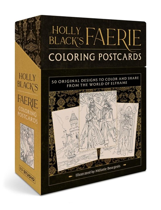 Kleurpostkaarten 'Holly Black's Faerie Coloring Postcards' met 50 originele ontwerpen, geïllustreerd door Mélanie Bourgeois.