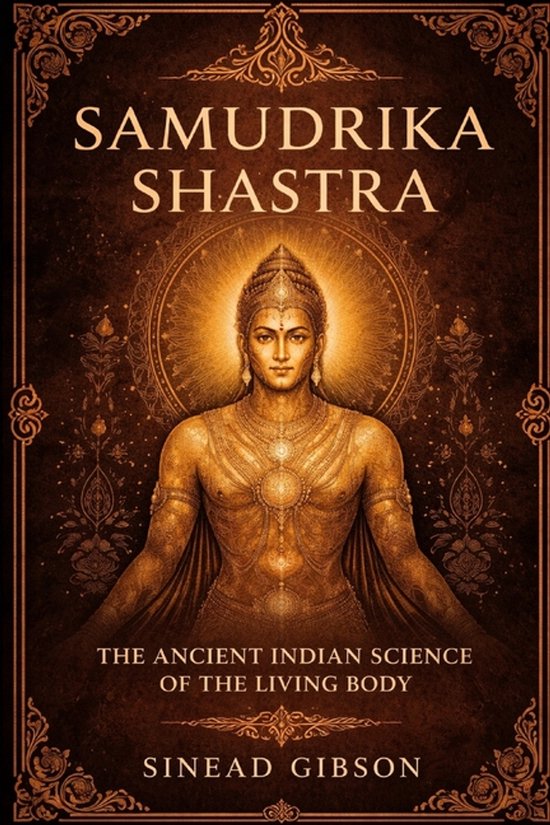 Boekomslag van "Samudrika Shastra: The Ancient Indian Science of the Living Body" door Sinead Gibson, met een afbeelding van een gouden, gedetailleerde menselijke figuur in een cirkelvormig, oranje licht.