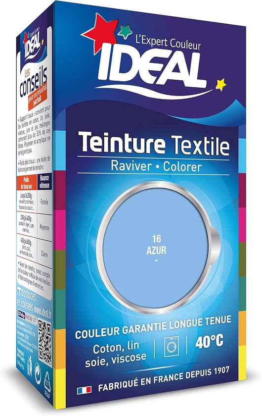 IDEAL Liquid Dye Mini 16 Azure – Teinture Textile Liquide avec Fixatif – Couleur Bleu Azur Clair – Pour Coton, Lin, Soie et Viscose – 40°C – Made in France