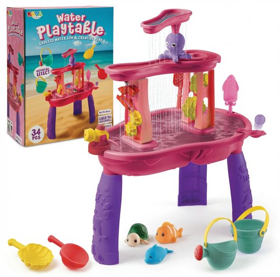Table d'eau Joya Creative Filles - Table de jeu aquatique Rose - Ensemble d'accessoires 34 pièces - Effet Cascade – Dimensions 59 x 38,5 x 73 cm – Table d'activités avec Eau Pour Extérieur et Jardin