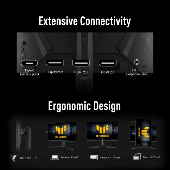 Overzicht van poorten: Type-C, DisplayPort, HDMI 2.0, en 3.5mm koptelefoonaansluiting. Ergonomisch ontwerp met kantel-, zwenk-, hoogte- en draaifuncties.
