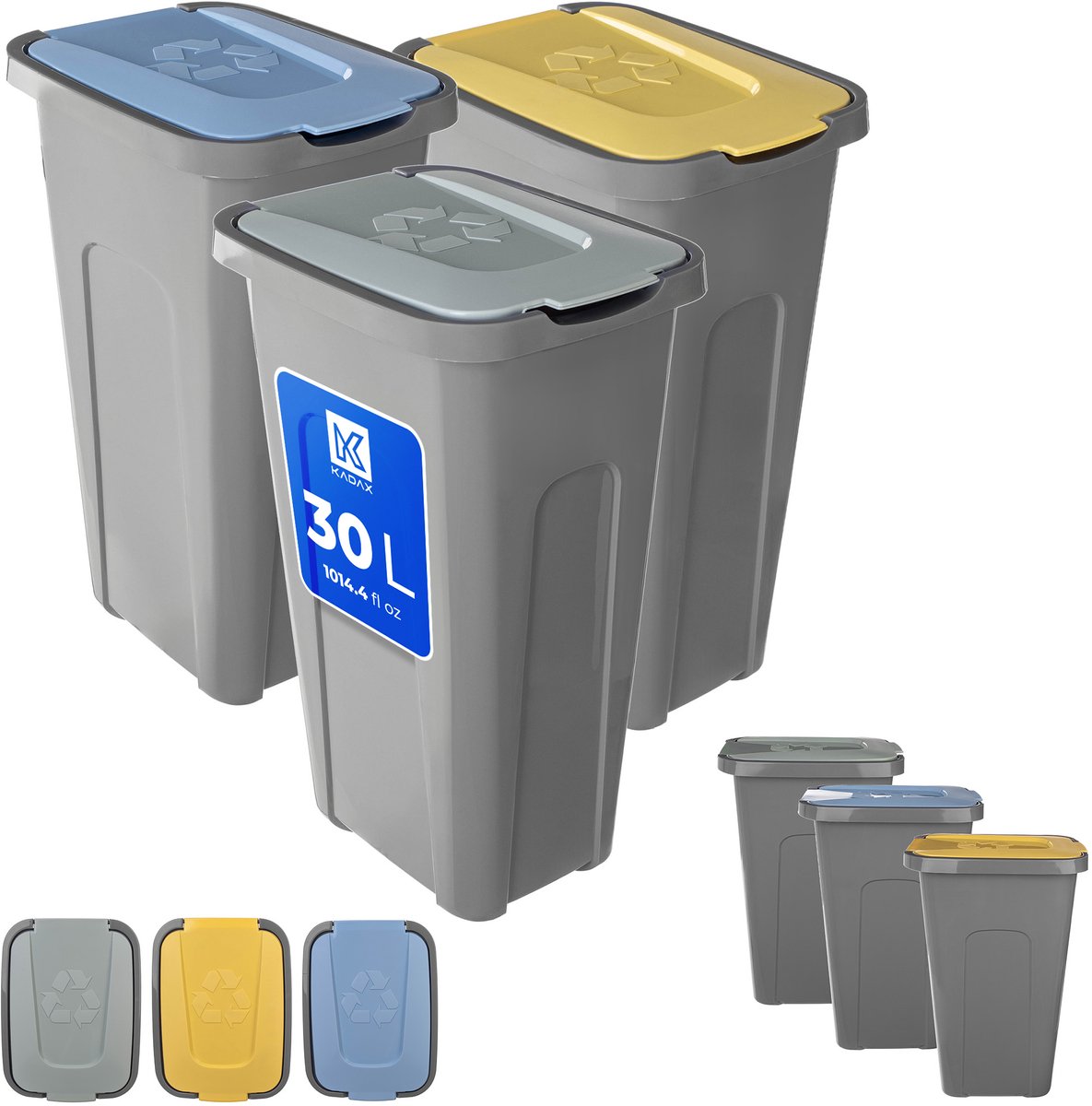 KADAX Vuilnisemmerset voor afvalscheiding, 3 x 30 liter, afvalemmerset voor afvalscheidingssysteem, afvalsorteerder, kunststof met klapdeksel (geel, groen, blauw)