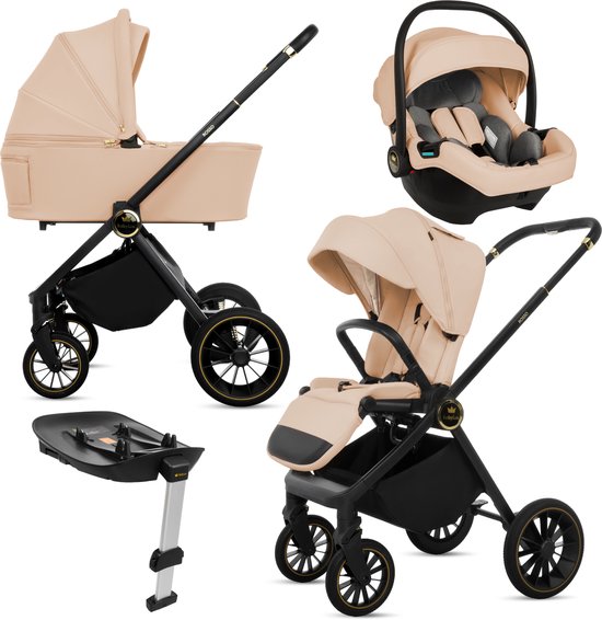 BabyLux® Kinderwagen 4in1 Set ROSSO, Beige, Opvouwbare Lichtgewicht Combi Kinderwagenset Incl. Reiswieg, Buggy, I-Size Kinderzitje, Autostoel, 4 Verstelbare Standen, 0-22kg, Uv-Bescherming 50+