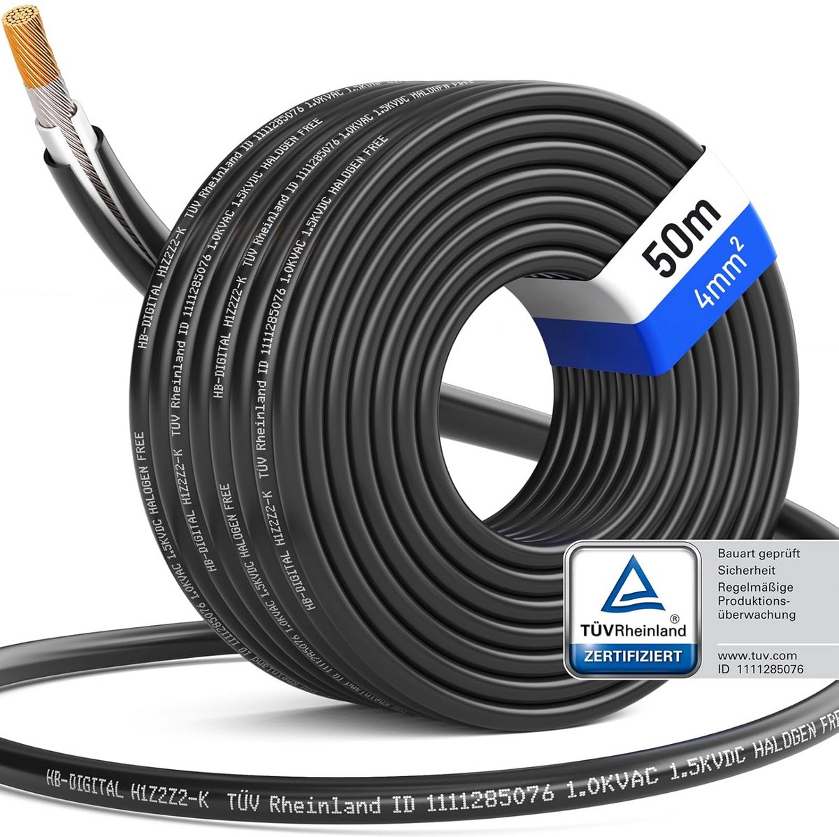 hb-digital 50m zonnekabel 4mm² H1Z2Z2-K TÜV Rheinland gecertificeerd UV-bestendig flexibel PW-kabel puur koper 1500V verlengkabel fotovoltaïsche voor zonnepaneel omvormer laadregelaar zwart
