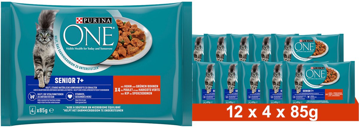 PURINA ONE SENIOR 7+ natvoer voor senior katten, met kip, (12 x 4 x 85g)