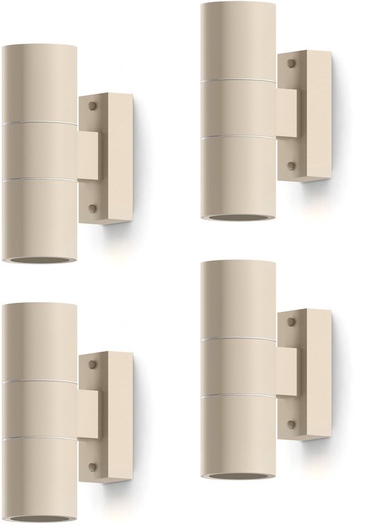 Quatre appliques murales doubles de couleur sable sur fond blanc.