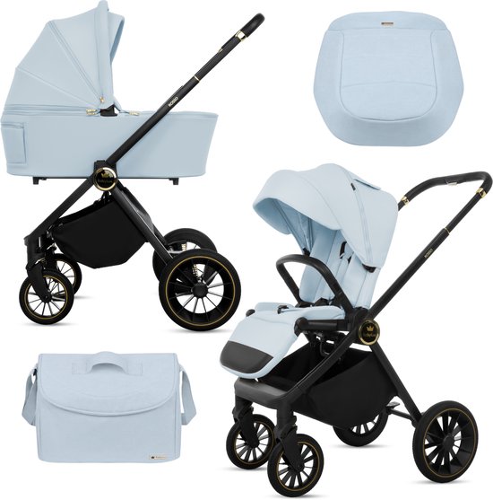 BabyLux® Kinderwagen 2in1 ROSSO, Blauw, Opvouwbare Lichtgewicht Kinderwagenset Incl. Reiswieg, Buggy Sportzitje, Luiertas En Meer Accessoires, 4 Verstelbare Standen, 0-22kg (0-4 Jaar), Uv-Bescherming 50+