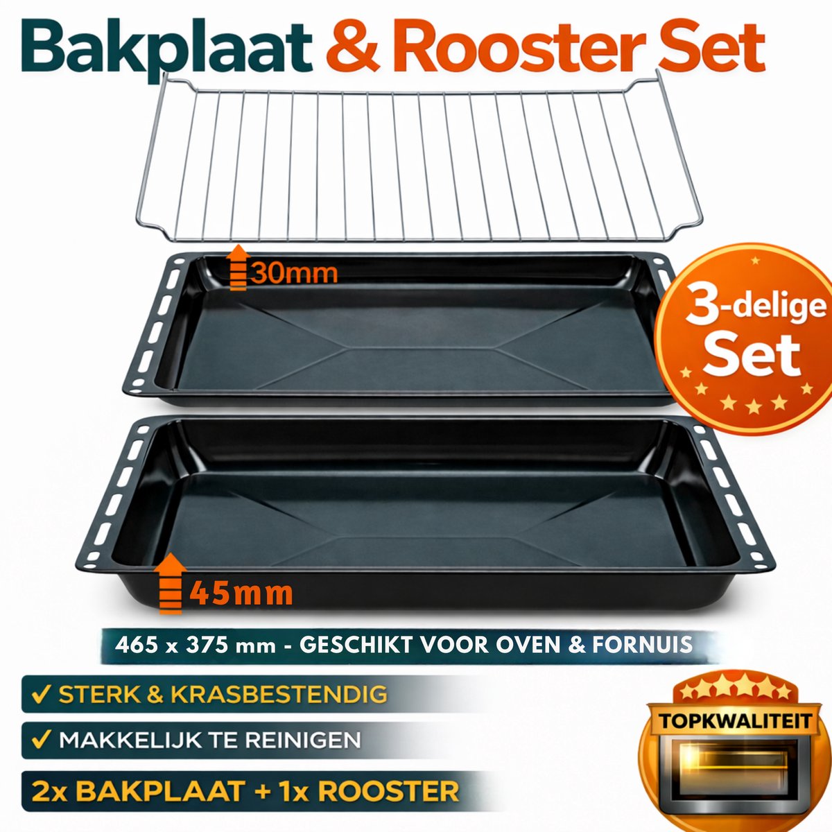 ICQN Oven Bakplaat Set - 3 Stuks - 2x Bakplaat en Rooster voor oven - 422x375x31 en 422x375x45 mm - Geëmailleerd
