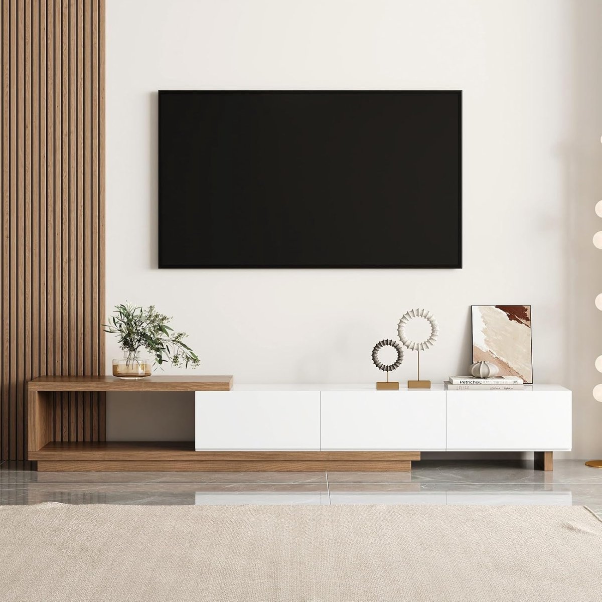 Uitbreidbare TV-Kast 100,4 inch – Modern Entertainmentcentrum met Ruime Opbergruimte, TV-Consoletafel voor Woonkamer, 255 x 40 x 37,5 cm, Wit en Walnoot – Pauwhome