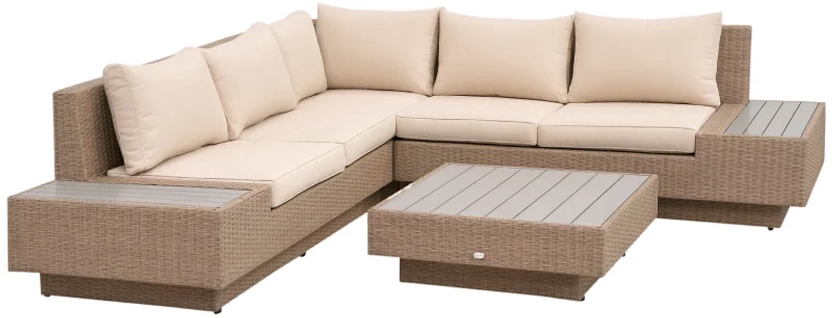 Luxe XXL Tuinset - 4-Delige Loungeset van Polyrotan - Tuinmeubelset - Hoekbank - Tuintafel - met Planken, Bijzettafel en Zitkussens - Ideaal voor tuin, balkon en terras - Hoeklounge - Zitgroep - Bruin