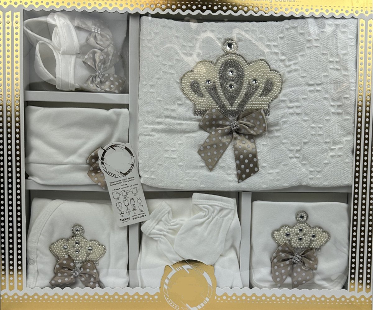 Marco Rossi Luxe 11-delige Baby Cadeauset - Geboorte Set - Gift - Wit/Grijs met Kroon & Parels - Kraamcadeau Jongen & Meisje - 0-4 maanden