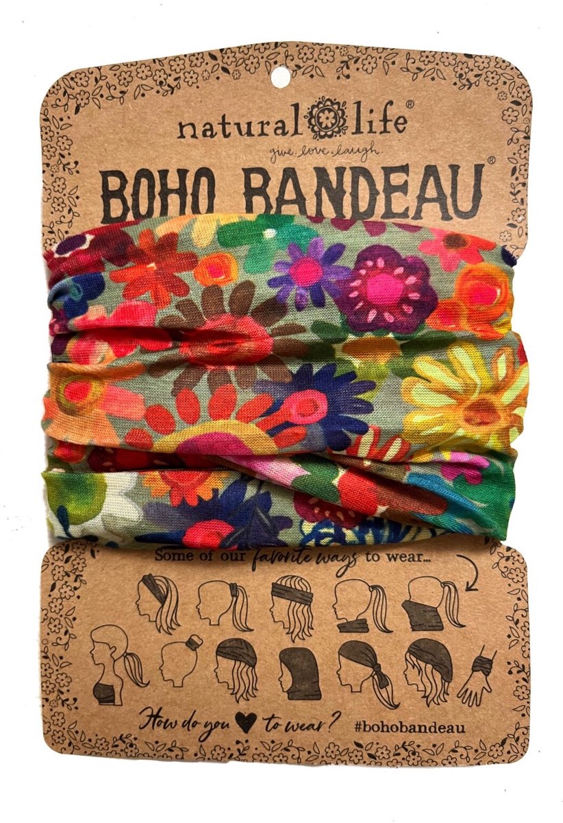 Gebloemde Brede Boho Bandeau haarband en sjaaltje in regenboogkleuren. Natural Life, Lovely Scarfs haarshawl, rond sjaaltje, hoofdband, sportband, bandeau topje, haarband tegen de zon, kaalheid