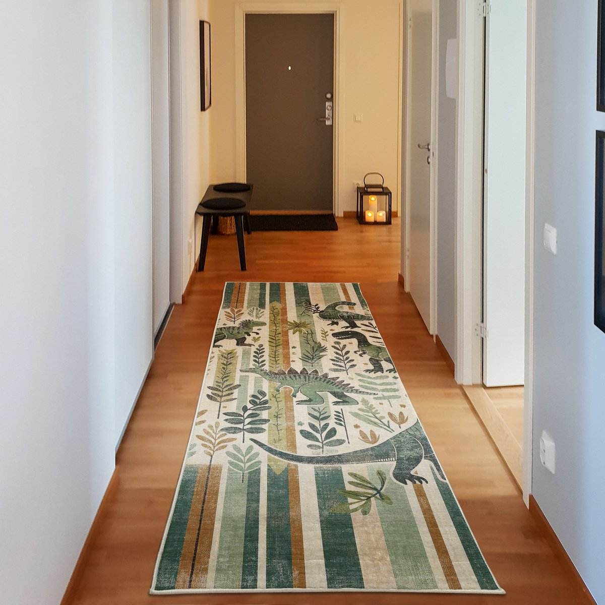 ABAKUHAUS Vloerkleed - Woonkamer Tapijt - dinosaurus – 76 x 229 cm – wasbaar – lauriergroenblauw