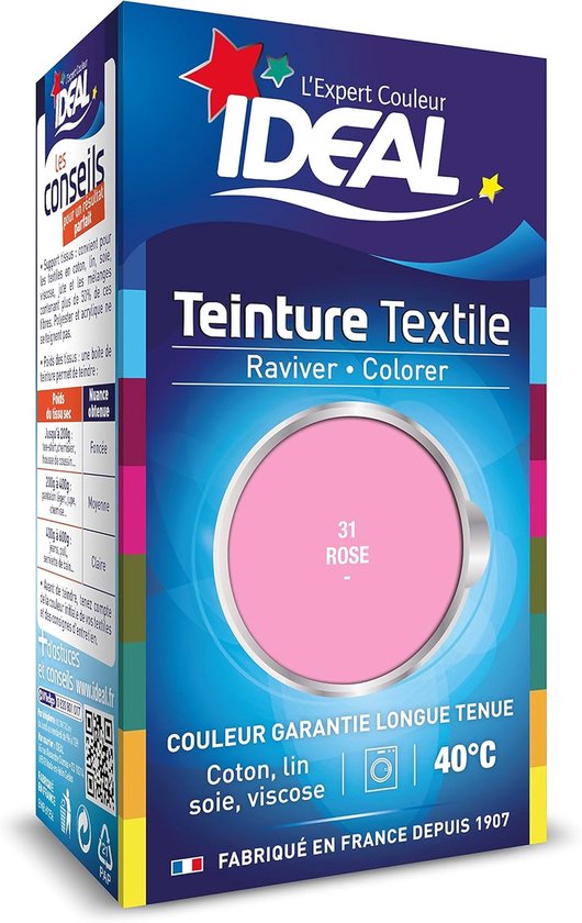 Teinture textile IDEAL, 31 Rose, pour coton, lin, soie, viscose.