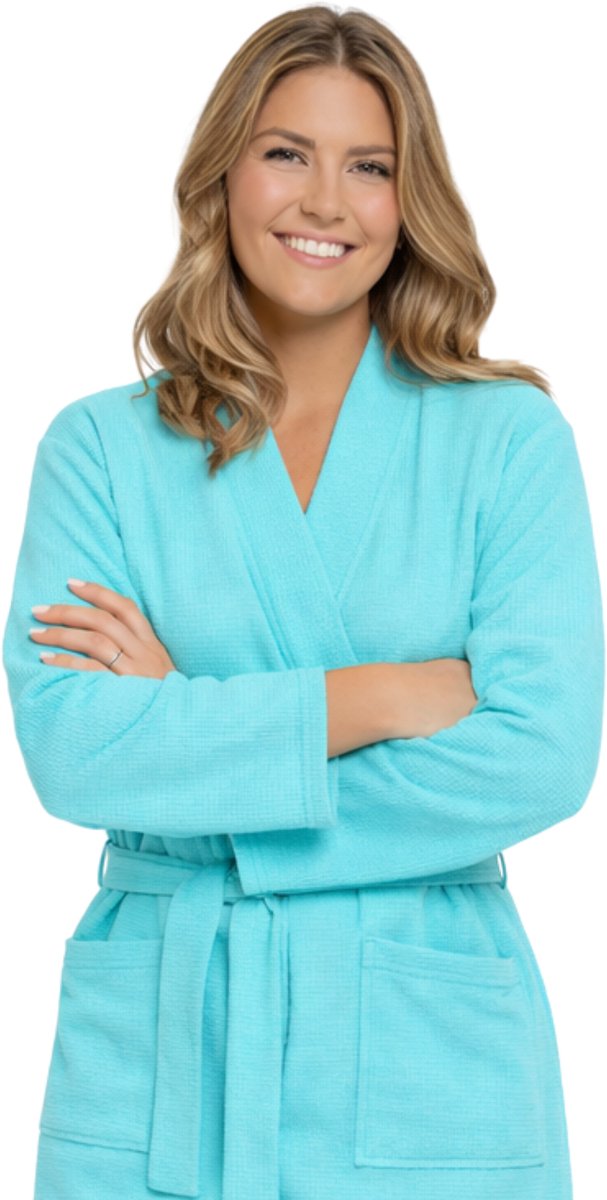 Kimono wafel badjas dames – lichtgewicht & sneldrogend - aquablauw - maat M