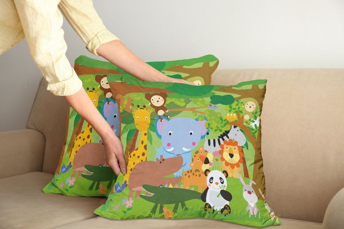 ABAKUHAUS Kleuterklas Kussensloopset (2 stuks), Leuke Dierenwereld Zoogdieren, 45 cm, Meerkleurig Groen Meerkleurig