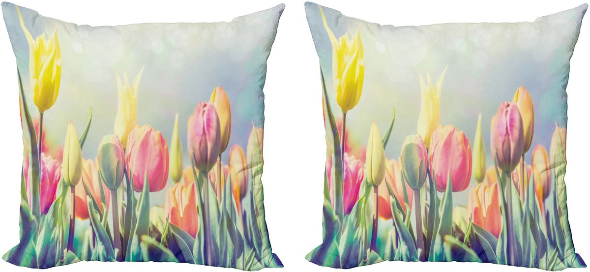 ABAKUHAUS Pastel Kussenhoes Set (2 stuks), Tulpenbloemenpark, 40 cm, Multicolor Babyblauw veelkleurig