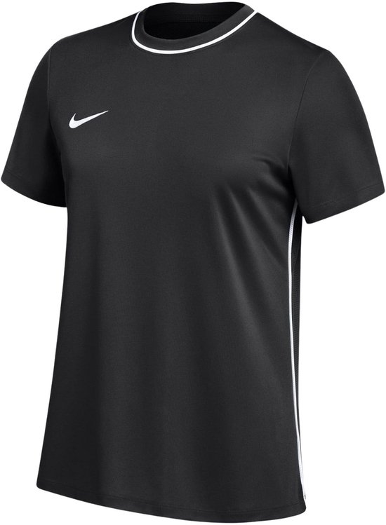 Zwarte Nike sportshirt met witte bies bij de ronde hals en een wit Nike logo op de borst.