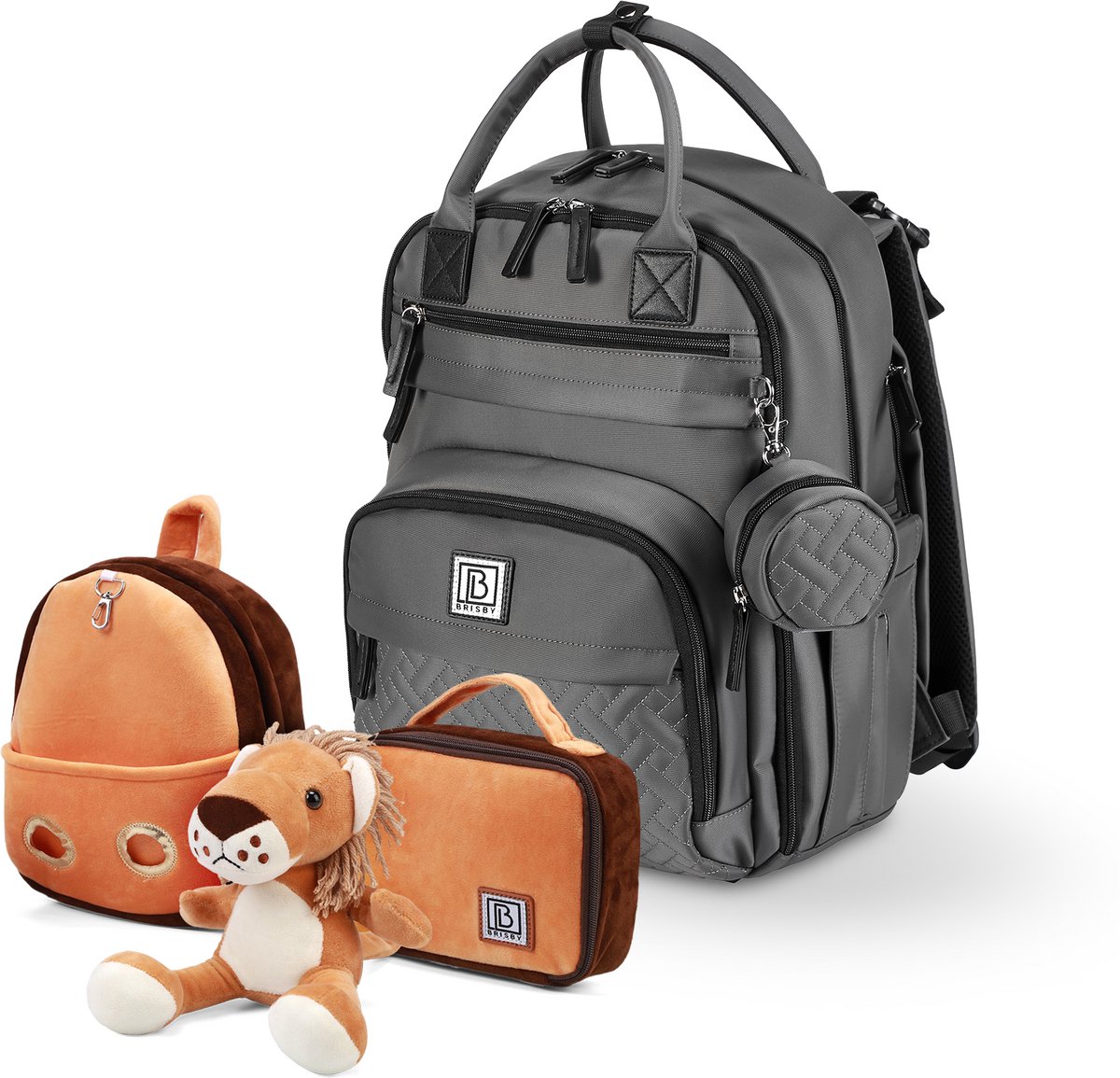 Brisby Premium Luiertas - Donkergrijs - Kinderrugzak - 1.5L kinderlunchtas Leeuw