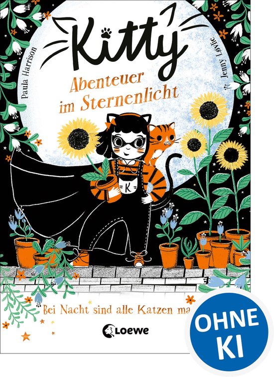 Couverture de livre illustrant une fille avec des oreilles de chat et une salopette rayée, à côté d'un chaton tigré dans un jardin avec des tournesols.