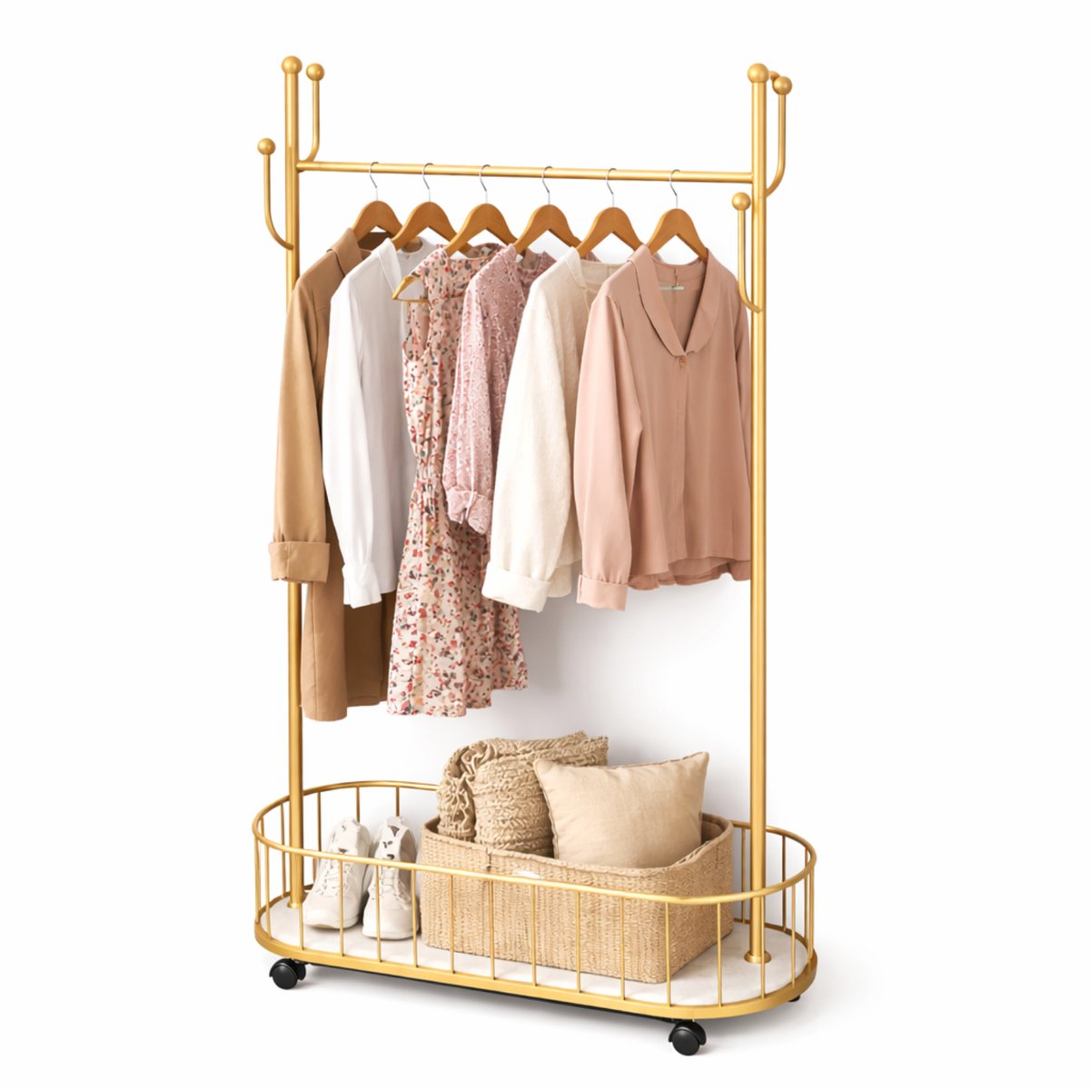 Luxaliving-Kledinghangers- Goud-Wit - Kapstok met opberg mand - Multifunctionele Kledingrek - Kleding Hanger met opbergmand -kledingrek op wieltjes - 170x80x32cm