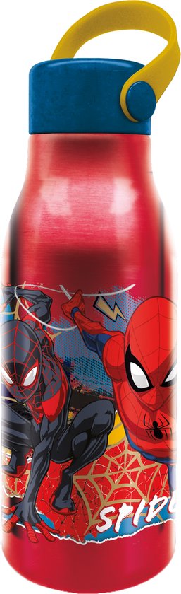 Gourde rouge avec Spiderman et Miles Morales en action. Bouchon bleu et boucle jaune.