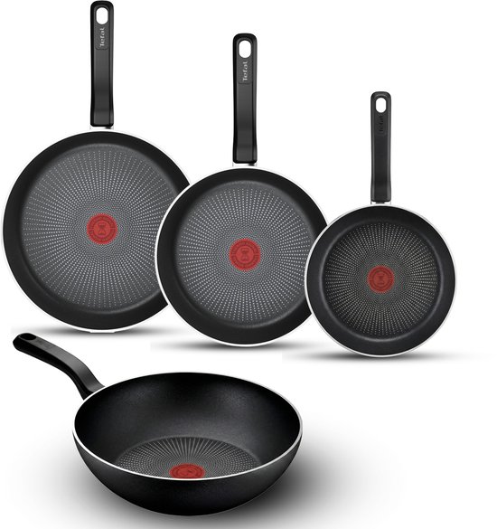 Set van drie zwarte koekenpannen en een wokpan, alle met rode Téfal Thermo-Spot en antiaanbaklaag.