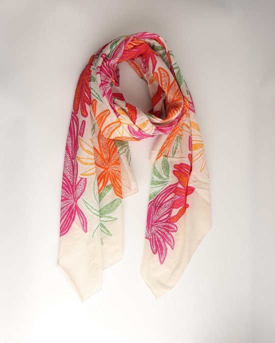 Flower scarf- Accessories Junkie Amsterdam- Dames- Lange sjaal- Katoen- Lente zomer- Bloem print- Groen oranje geel roze wit