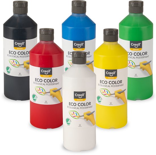 Ensemble de cinq bouteilles Creall Eco Color : noir, rouge, blanc, bleu et vert. Chacune avec une étiquette montrant des mains peignant une feuille.