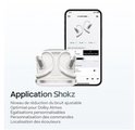 Shokz app met instelbaar niveau van ruisonderdrukking, EQ en bedieningssysteem.
