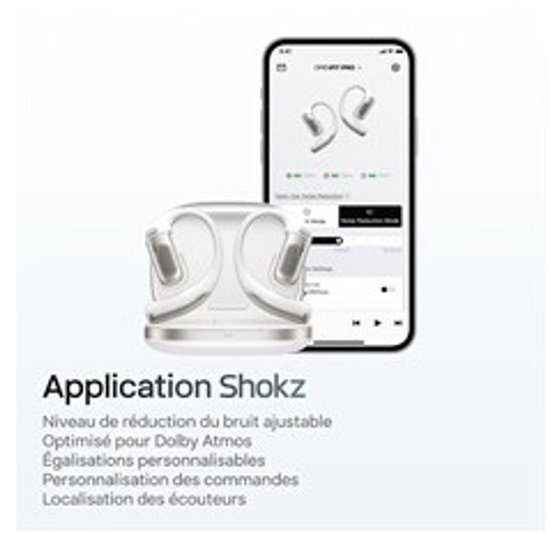 Shokz app met instelbaar niveau van ruisonderdrukking, EQ en bedieningssysteem.