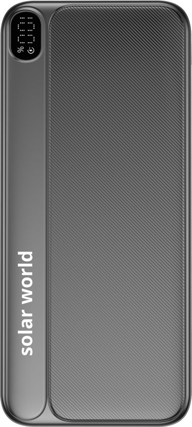 Grijze powerbank met 'solar world' logo, digitaal display en gestructureerd oppervlak.