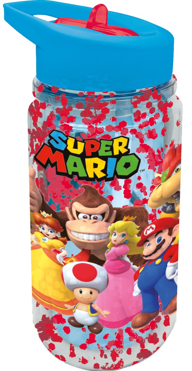 Nintendo's Super Mario Tritan Drinkfles – 330 ml – Met glittereffect – Vaatwasserbestendig & BPA-vrij - Drinkfles met rietje voor kinderen – Transparant blauw