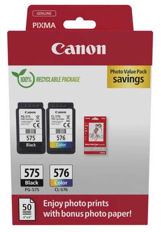 Doos met Canon Pixma inktcartridges, PG-575 zwart en CL-576 kleur, met 50 vellen fotopapier.