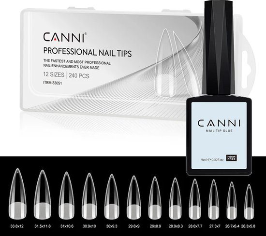 CANNI professionele nageltips, 12 maten, 240 stuks, met CANNI nagellijm. Stiletto vorm.